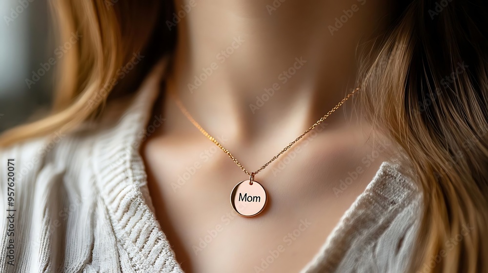 Photo of a Woman Wearing a Necklace with a Mom Pendant Photo of a Woman Wearing a Necklace with a Mom Pendant