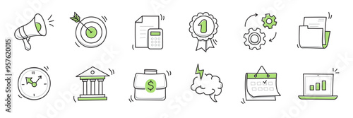 Hand drawn doodle business, money icon set. Finance, money, marketing sketch drawn cute trendy line doodle icon. Business bank, finance calculator, economic goal elements. Vector illustration