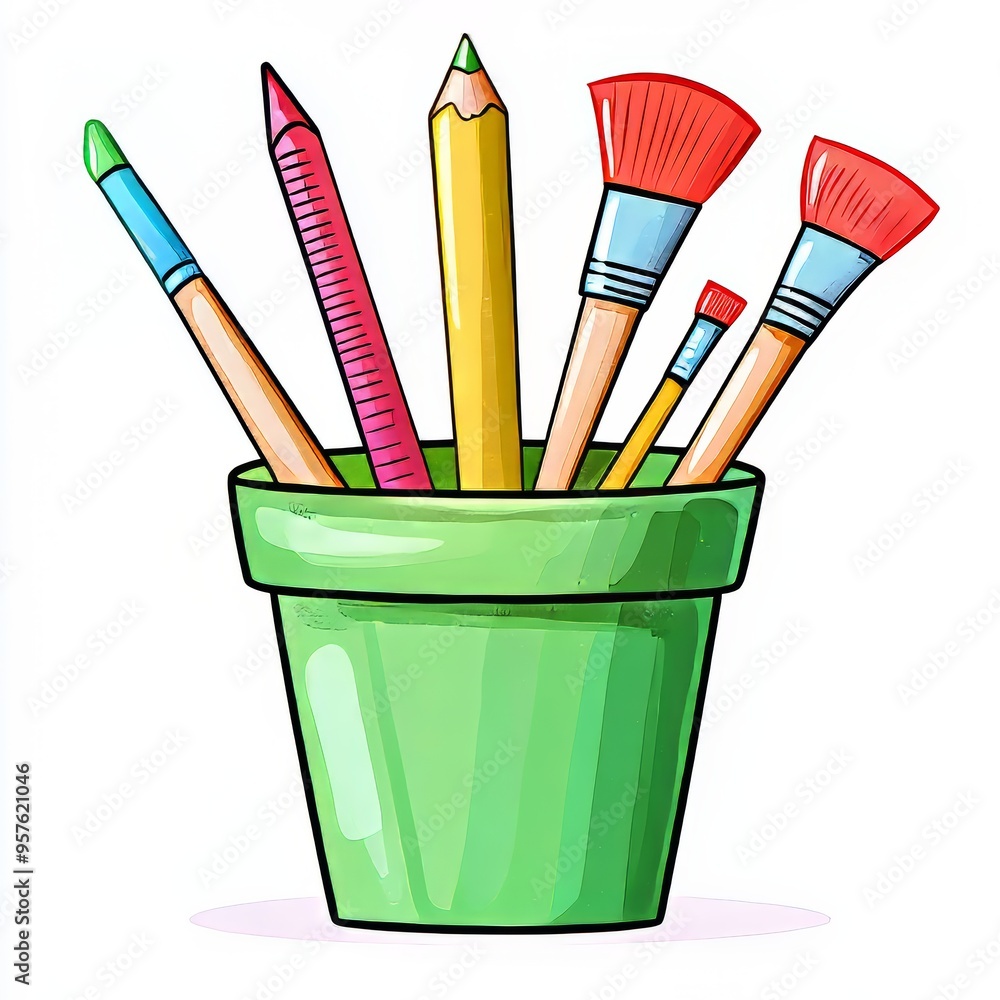 Colorful art supplies in a green pot, perfect for creative projects.