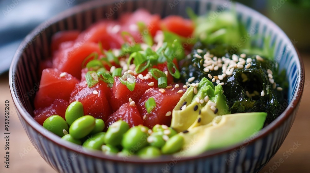 A colorful bowl of poke with tuna, avocado, edamame, seaweed salad, and a drizzle of soy sauce, garnished with sesame seeds. A colorful bowl of poke with tuna, avocado, edamame, seaweed salad, and a drizzle of soy sauce, garnished with sesame seeds.