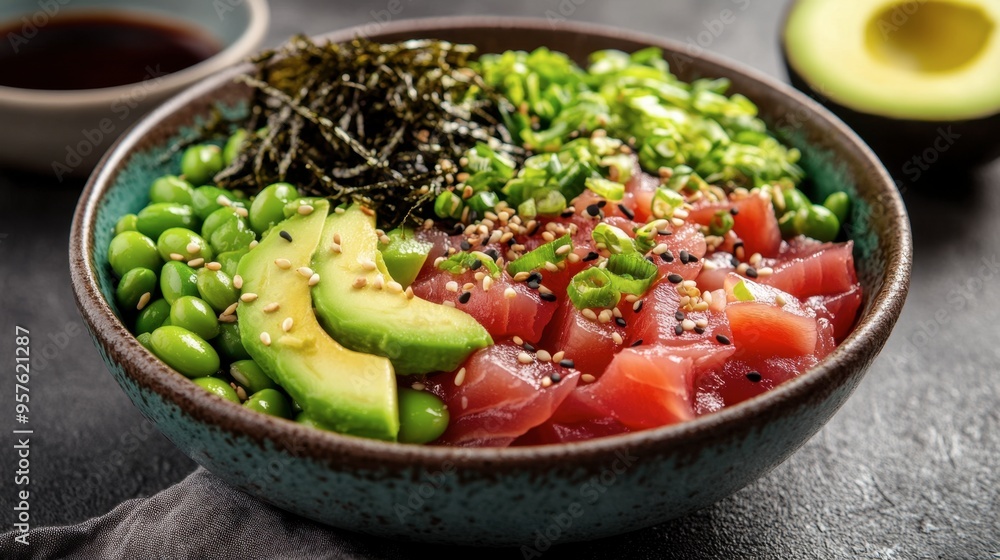 A colorful bowl of poke with tuna, avocado, edamame, seaweed salad, and a drizzle of soy sauce, garnished with sesame seeds. A colorful bowl of poke with tuna, avocado, edamame, seaweed salad, and a drizzle of soy sauce, garnished with sesame seeds.