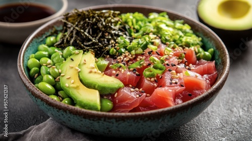 A colorful bowl of poke with tuna, avocado, edamame, seaweed salad, and a drizzle of soy sauce, garnished with sesame seeds.