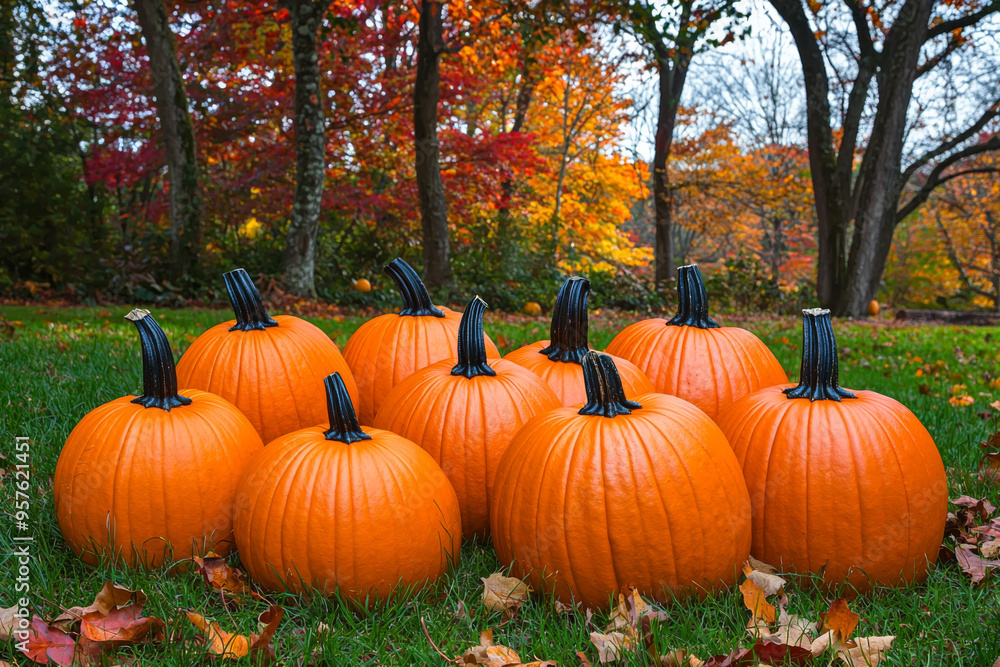 A cluster of vibrant orange pumpkins arranged on green grass, surrounded by colorful autumn foliage. A cluster of vibrant orange pumpkins arranged on green grass, surrounded by colorful autumn foliage.