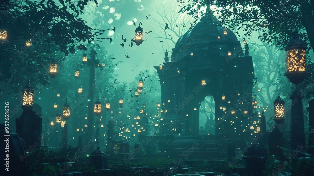 Mystical Forest Path with Glowing Lanterns and Ancient Ruins Mystical Forest Path with Glowing Lanterns and Ancient Ruins
