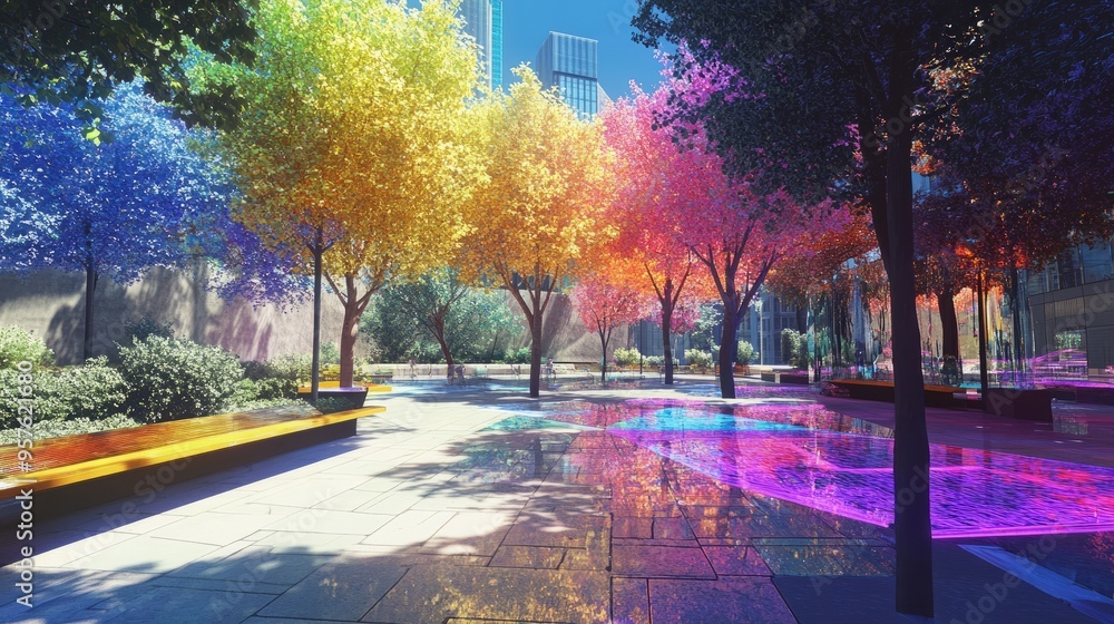 Fototapeta premium Glassmorphism Park: A Holographic City Oasis
