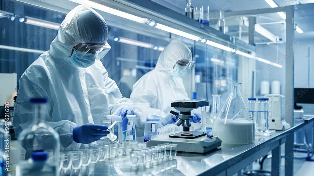 Two scientists in white lab coats are working in a lab. They are wearing gloves and masks. The lab is filled with various scientific equipment and glassware, including beakers, test tubes, and bottles Two scientists in white lab coats are working in a lab. They are wearing gloves and masks. The lab is filled with various scientific equipment and glassware, including beakers, test tubes, and bottles