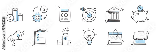 Hand drawn doodle business, money icon set. Finance, money, marketing sketch drawn cute trendy line doodle icon. Business bank, finance calculator, economic goal elements. Vector illustration