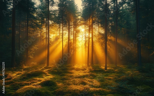 Golden Rays in a Misty Forest