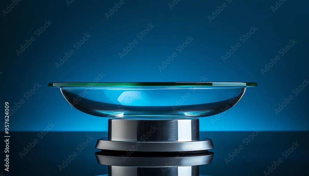 Glass Bowl with Metal Base on a Blue Background Glass Bowl with Metal Base on a Blue Background