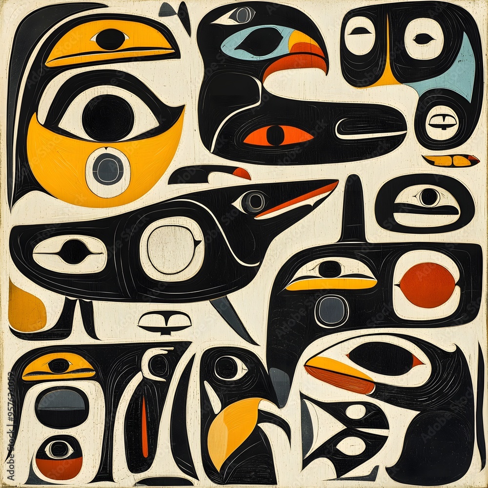 54. **Canadian Inuit art pattern with Arctic wildlife motifs.** 54. **Canadian Inuit art pattern with Arctic wildlife motifs.**