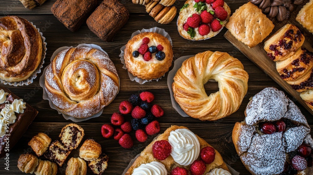 A delectable assortment of fresh pastries including danishes, muffins, and scones, displayed on a rustic wooden table. A delectable assortment of fresh pastries including danishes, muffins, and scones, displayed on a rustic wooden table.