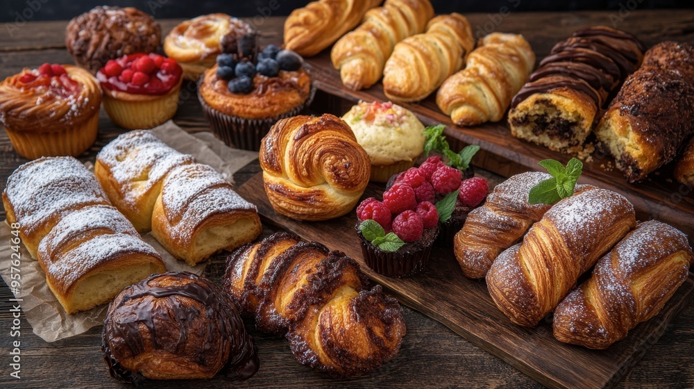 A delectable assortment of fresh pastries including danishes, muffins, and scones, displayed on a rustic wooden table. A delectable assortment of fresh pastries including danishes, muffins, and scones, displayed on a rustic wooden table.