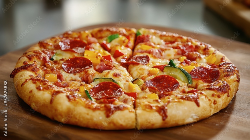 A freshly baked pizza with a crispy crust, melted cheese, pepperoni, and colorful vegetables, sliced and ready to eat. A freshly baked pizza with a crispy crust, melted cheese, pepperoni, and colorful vegetables, sliced and ready to eat.