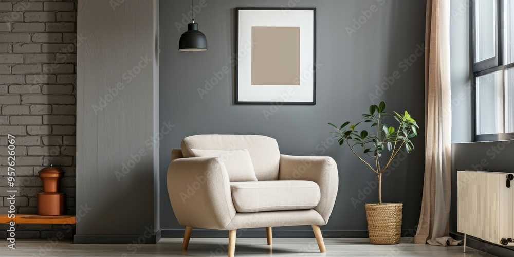 Fototapeta premium Beige armchair with poster against grey wall in modern flat interior Real photo
