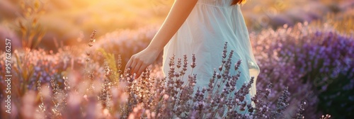 Anonymous woman walking through a meadow adorned with flowers, softly touching the blooming lavender plants. photo