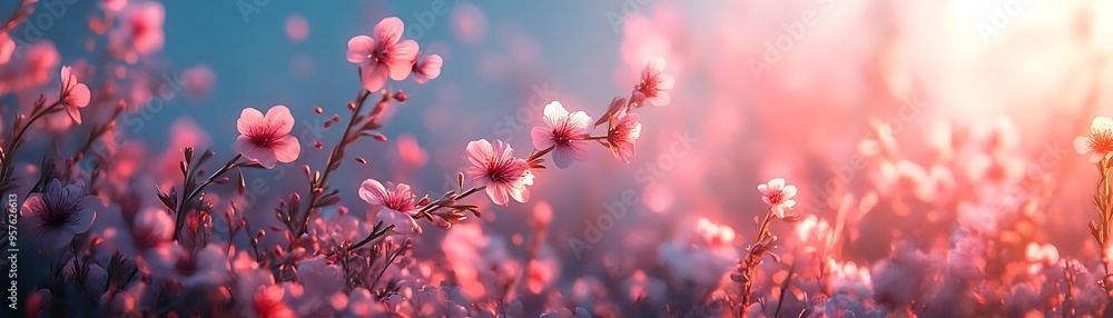 Pink Flowers in Field at Sunset - Beautiful Nature Background Pink Flowers in Field at Sunset - Beautiful Nature Background