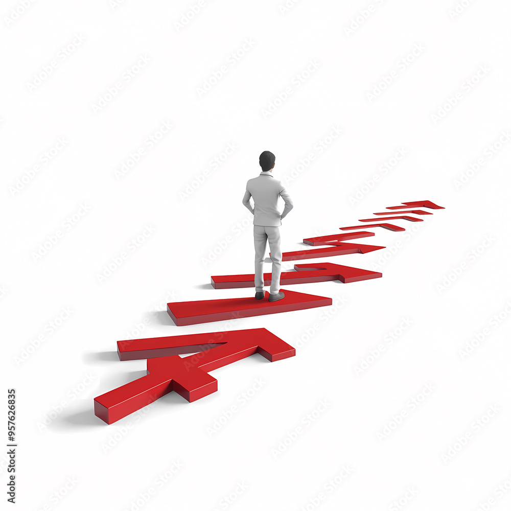 Person on a red arrow symbolizing choices and direction uncertainty. Person on a red arrow symbolizing choices and direction uncertainty.