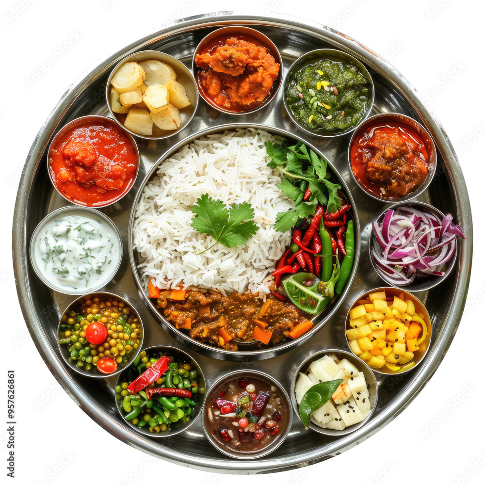 A top view of a delicious traditional Indian thali with various curries and gravies around isolated on transparent white background, clipping path