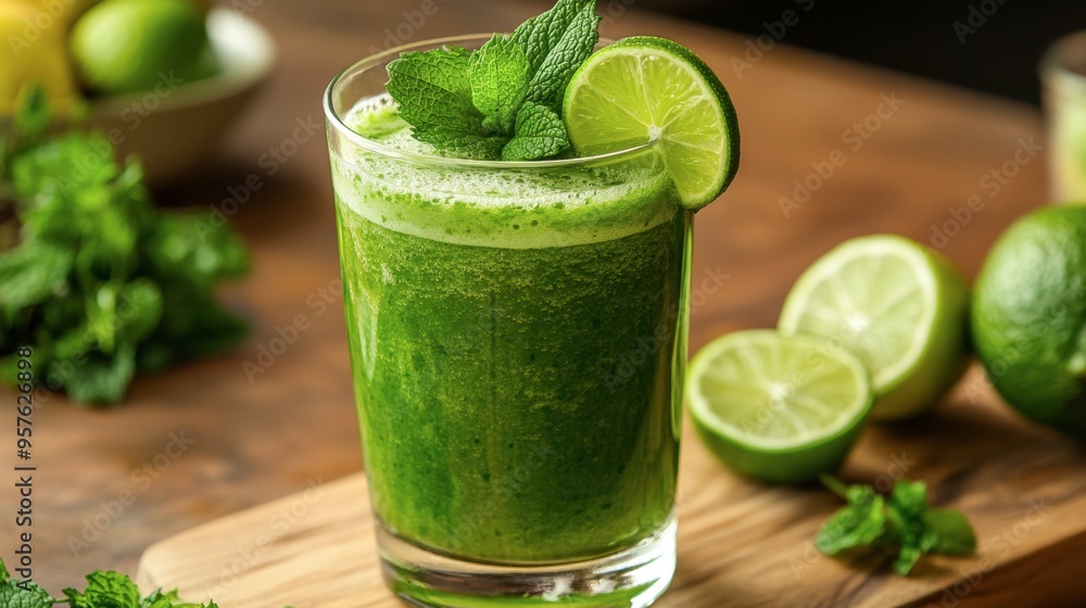 A green smoothie in a glass, with a garnish of mint leaves and a slice of lime, sitting on a wooden countertop. A green smoothie in a glass, with a garnish of mint leaves and a slice of lime, sitting on a wooden countertop.
