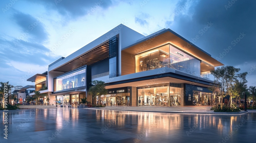 A high-end shopping center with a sleek design, expansive glass fronts, and designer boutiques. A high-end shopping center with a sleek design, expansive glass fronts, and designer boutiques.