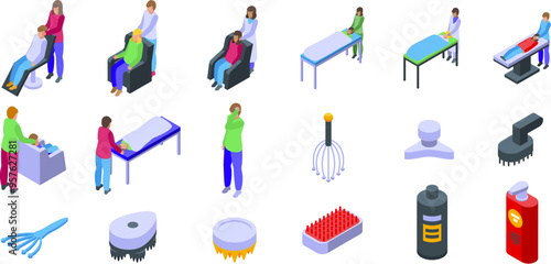 Head massage icons set. Masseurs are giving massage to clients in spa salon, tools for body treatment isometric icons set
