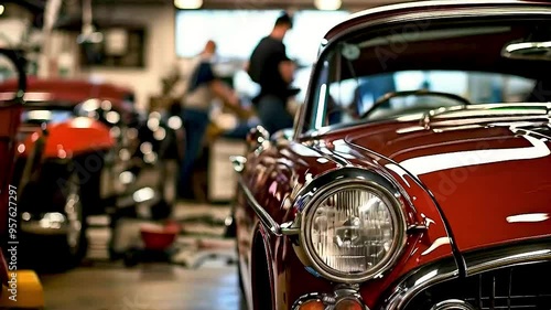 a classic car  in a garage with  people  working on it.