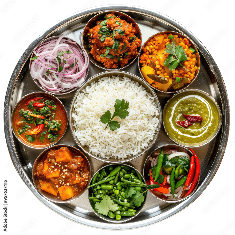 A top view of a delicious traditional Indian thali with various curries and gravies around isolated on transparent white background, clipping path A top view of a delicious traditional Indian thali with various curries and gravies around isolated on transparent white background, clipping path
