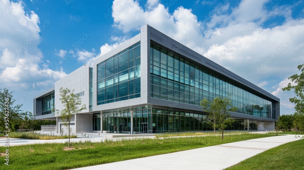 A high-tech research facility with advanced design features, large windows, and a cutting-edge exterior. A high-tech research facility with advanced design features, large windows, and a cutting-edge exterior.