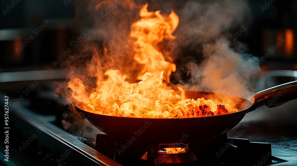 Flaming pan in a dark kitchen, fire raging uncontrollably, thick plumes of smoke, intense orange and red hues lighting up the space, dangerous ambiance Flaming pan in a dark kitchen, fire raging uncontrollably, thick plumes of smoke, intense orange and red hues lighting up the space, dangerous ambiance