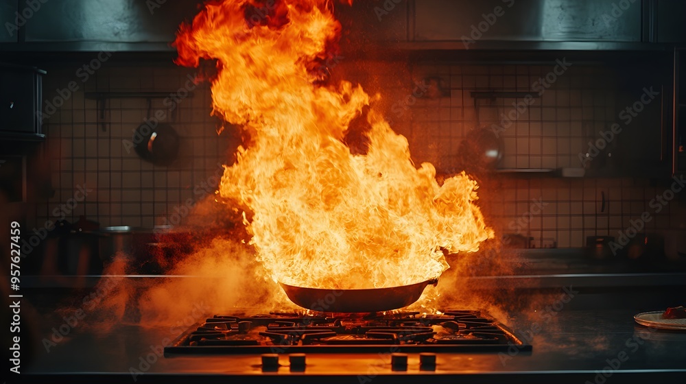 Flaming pan in a dark kitchen, fire raging uncontrollably, thick plumes of smoke, intense orange and red hues lighting up the space, dangerous ambiance Flaming pan in a dark kitchen, fire raging uncontrollably, thick plumes of smoke, intense orange and red hues lighting up the space, dangerous ambiance