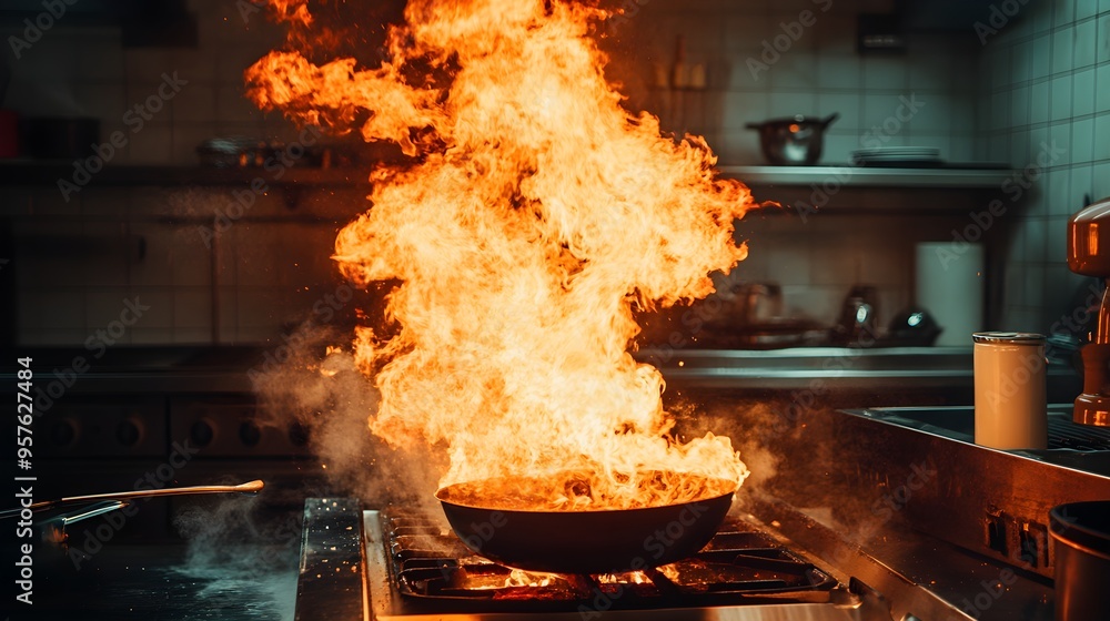 Flaming pan in a dark kitchen, fire raging uncontrollably, thick plumes of smoke, intense orange and red hues lighting up the space, dangerous ambiance Flaming pan in a dark kitchen, fire raging uncontrollably, thick plumes of smoke, intense orange and red hues lighting up the space, dangerous ambiance