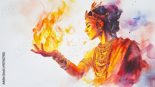 Vibrant Watercolor Painting of Agni Holding Flames on White Background