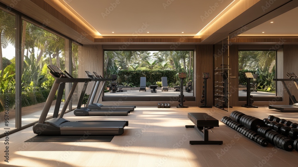 A home gym with exercise equipment, free weights, and a large mirror, designed for convenient at-home workouts. A home gym with exercise equipment, free weights, and a large mirror, designed for convenient at-home workouts.