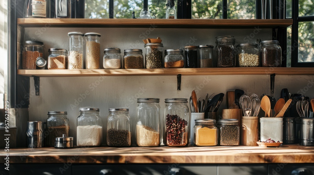 A kitchen shelf stocked with glass jars of spices, neatly arranged utensils, and a few cookbooks, all bathed in warm, natural light. A kitchen shelf stocked with glass jars of spices, neatly arranged utensils, and a few cookbooks, all bathed in warm, natural light.