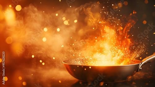 Ingredients igniting in a fiery pan, kitchen engulfed in thick smoke, glowing embers and intense heat, dynamic and surreal, illustration with vivid colors