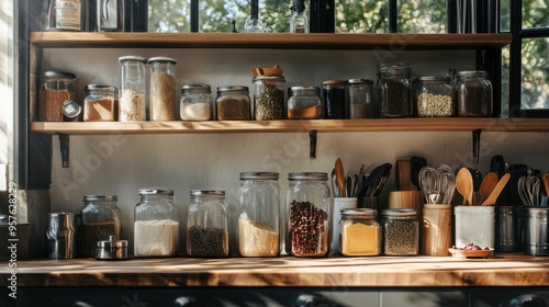 Wallpaper Mural A kitchen shelf stocked with glass jars of spices, neatly arranged utensils, and a few cookbooks, all bathed in warm, natural light. Torontodigital.ca