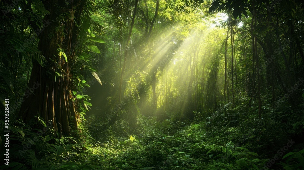 Obraz premium A lush green forest with tall trees, dense foliage, and sun rays filtering through the canopy, creating a serene atmosphere.