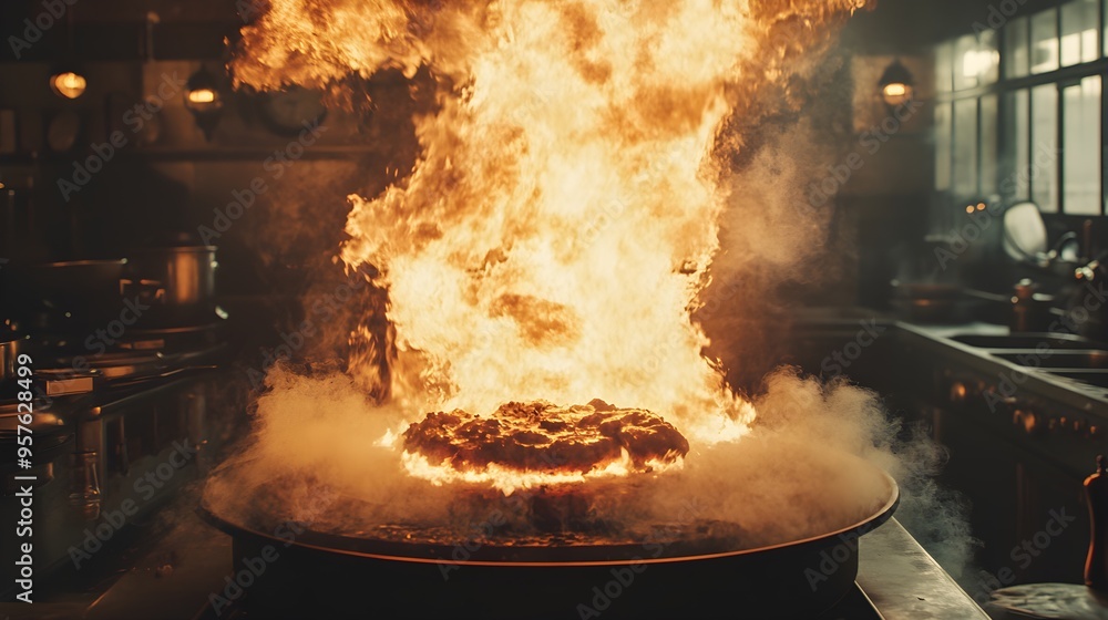 Pan-seared gourmet meal with fire erupting from beneath, kitchen filled with thick smoke, chaotic energy, steampunk style, muted color palette, dramatic lighting Pan-seared gourmet meal with fire erupting from beneath, kitchen filled with thick smoke, chaotic energy, steampunk style, muted color palette, dramatic lighting