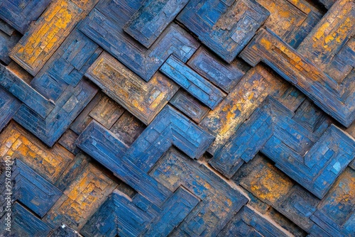 Abstract Geometric Blue and Yellow Wooden Pattern