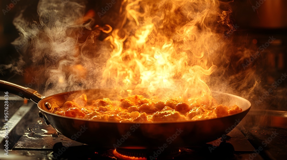 Sizzling food in a pan surrounded by fire, smoke swirling upwards, kitchen ablaze in chaos, deep shadows, oil painting style, dramatic lighting, vivid colors Sizzling food in a pan surrounded by fire, smoke swirling upwards, kitchen ablaze in chaos, deep shadows, oil painting style, dramatic lighting, vivid colors