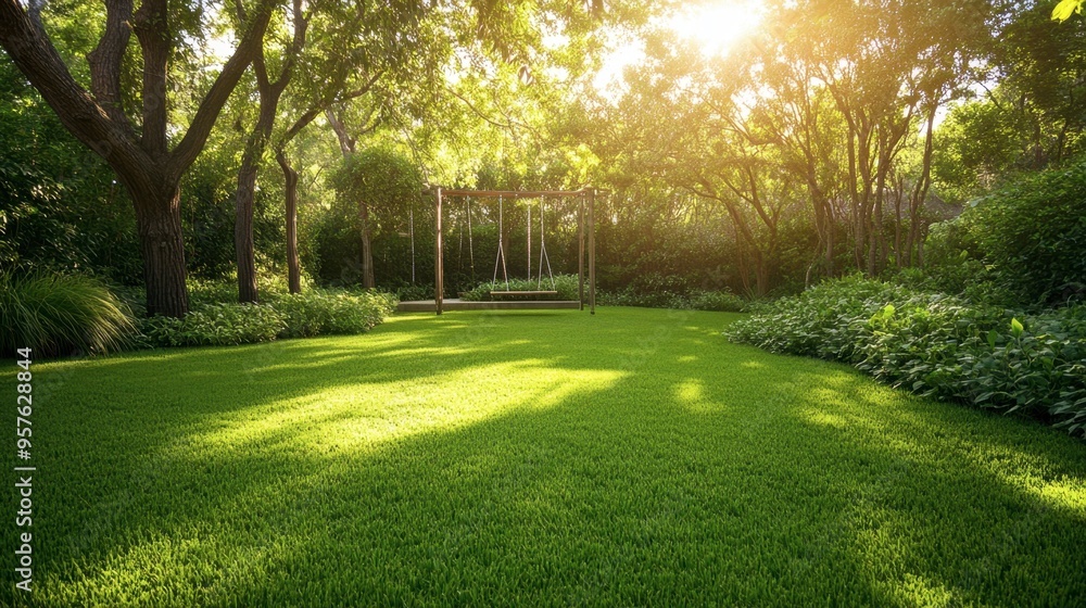 A lush green lawn with a few trees and a swing set, perfect for a relaxing afternoon outdoors. A lush green lawn with a few trees and a swing set, perfect for a relaxing afternoon outdoors.