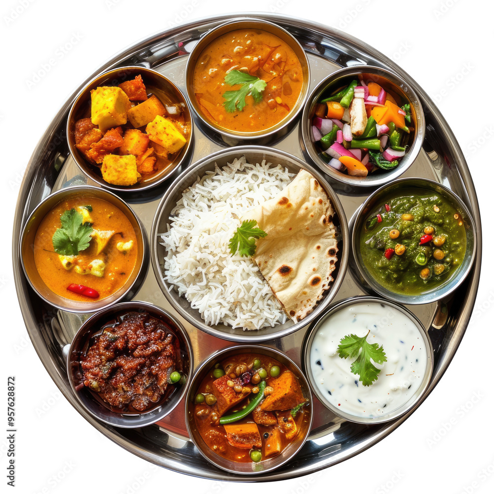 A top view of a delicious traditional Indian thali with various curries and gravies around isolated on transparent white background, clipping path A top view of a delicious traditional Indian thali with various curries and gravies around isolated on transparent white background, clipping path