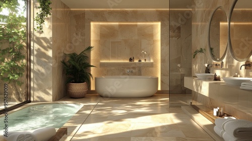 A luxurious bathroom with a freestanding tub, marble tiles, and a large mirror, evoking a spa-like atmosphere.