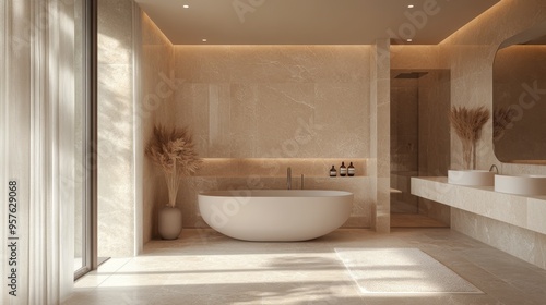 A luxurious bathroom with a freestanding tub, marble tiles, and a large mirror, evoking a spa-like atmosphere.