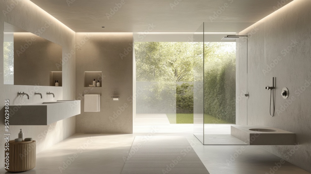 A minimalist bathroom with a walk-in shower, sleek fixtures, and a floating vanity, showcasing clean lines and simplicity. A minimalist bathroom with a walk-in shower, sleek fixtures, and a floating vanity, showcasing clean lines and simplicity.
