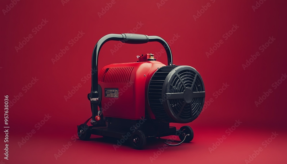 Red Portable Electric Heater with Black Fan on Red Background Red Portable Electric Heater with Black Fan on Red Background