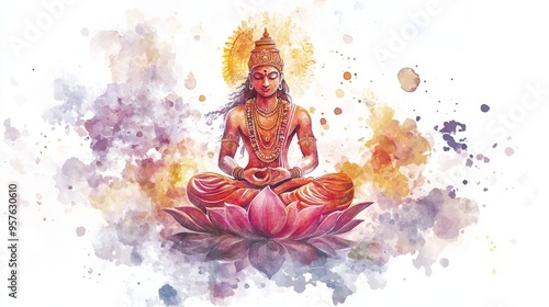 Watercolor Brahma on Lotus: Divine Serenity in White