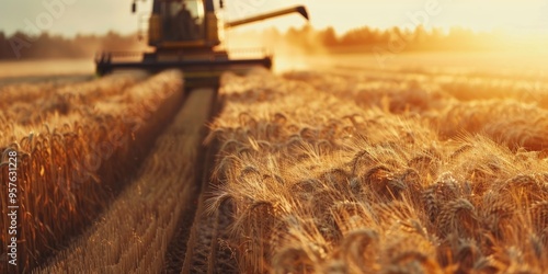 Combine harvester cutting grains in a wheat field Wheat and soybeans cultivation Wheat and corn markets facing crisis in the world s breadbasket Rye crops in a farm field Green harvester at photo