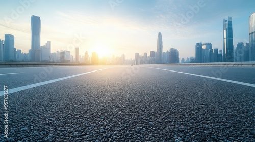 Asphalt Road Leading to Modern City Skyline at Sunrise