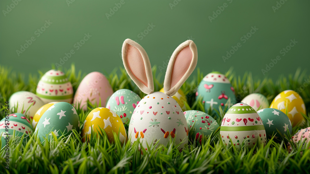 Easter eggs on grass with one featuring bunny ears, creating a playful and festive holiday decoration Easter eggs on grass with one featuring bunny ears, creating a playful and festive holiday decoration